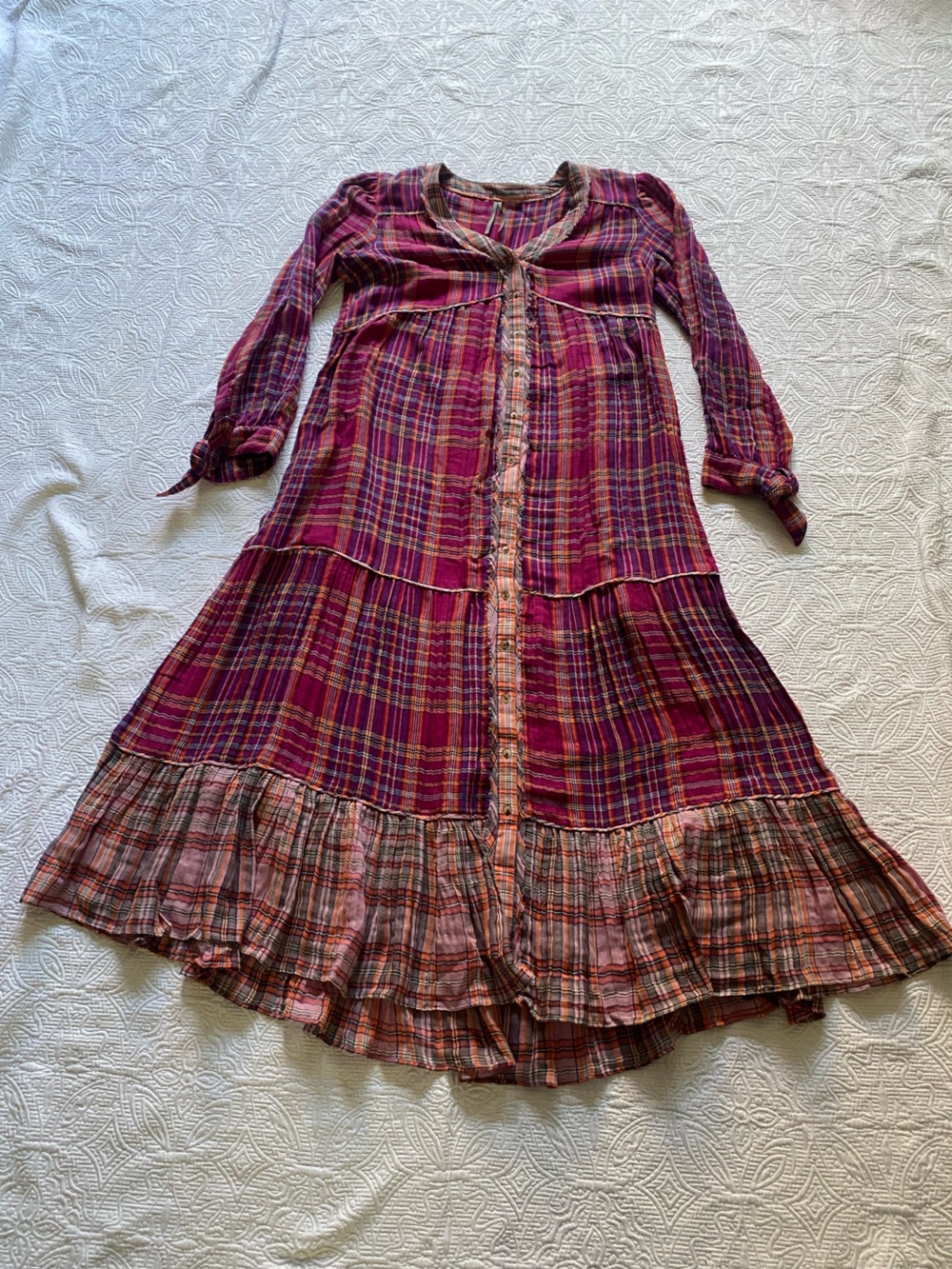 Anthropologie Plaid Tiered Button-Front Dress in Magenta and Pink